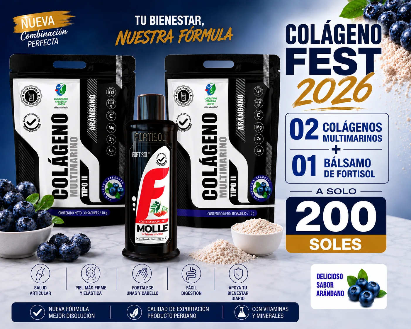 COLÁGENO FEST 2026 · 2 Colágenos Multimarinos + 1 Bálsamo de Fortisol