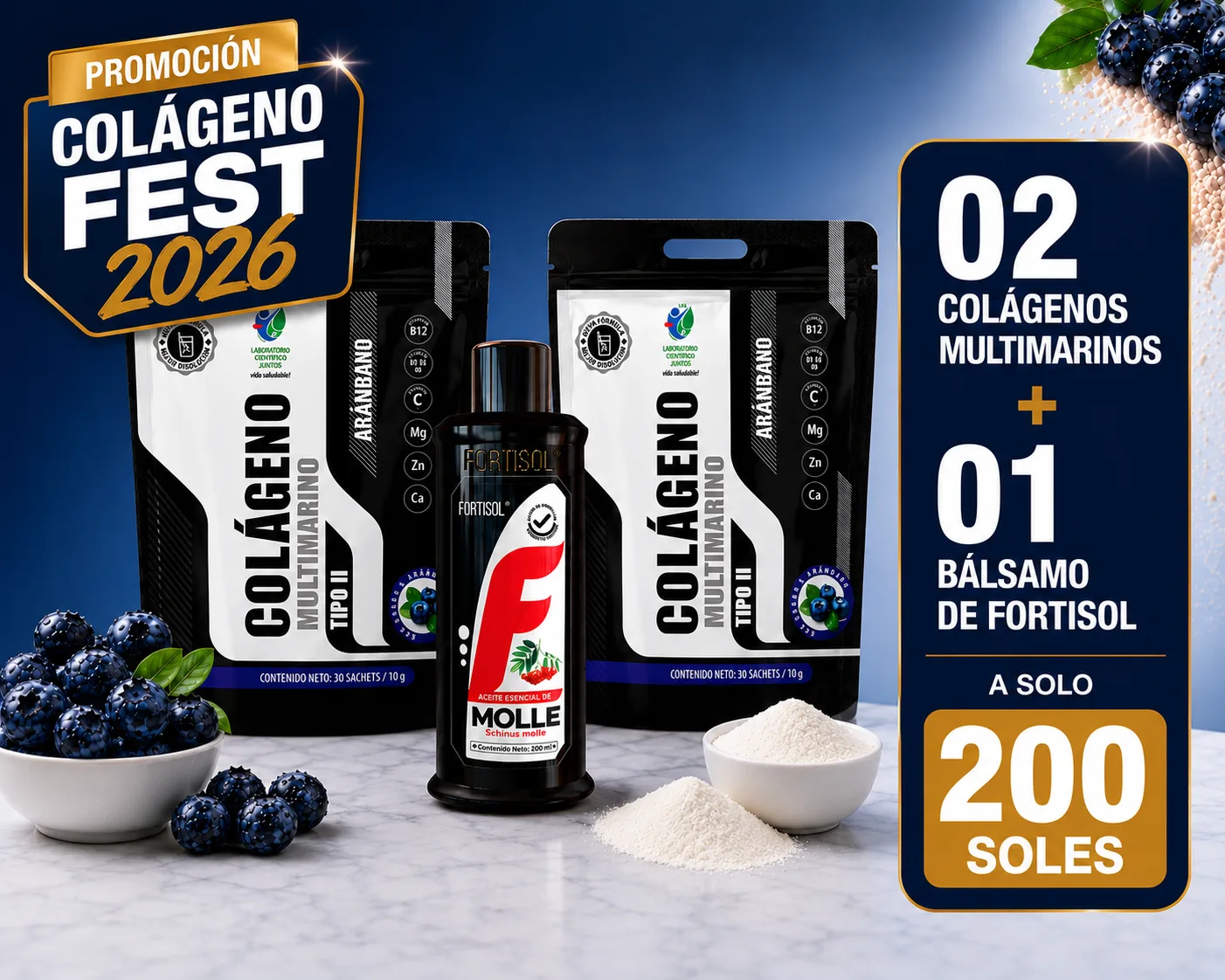 COLÁGENO FEST 2026 · 2 Colágenos Multimarinos + 1 Bálsamo de Fortisol