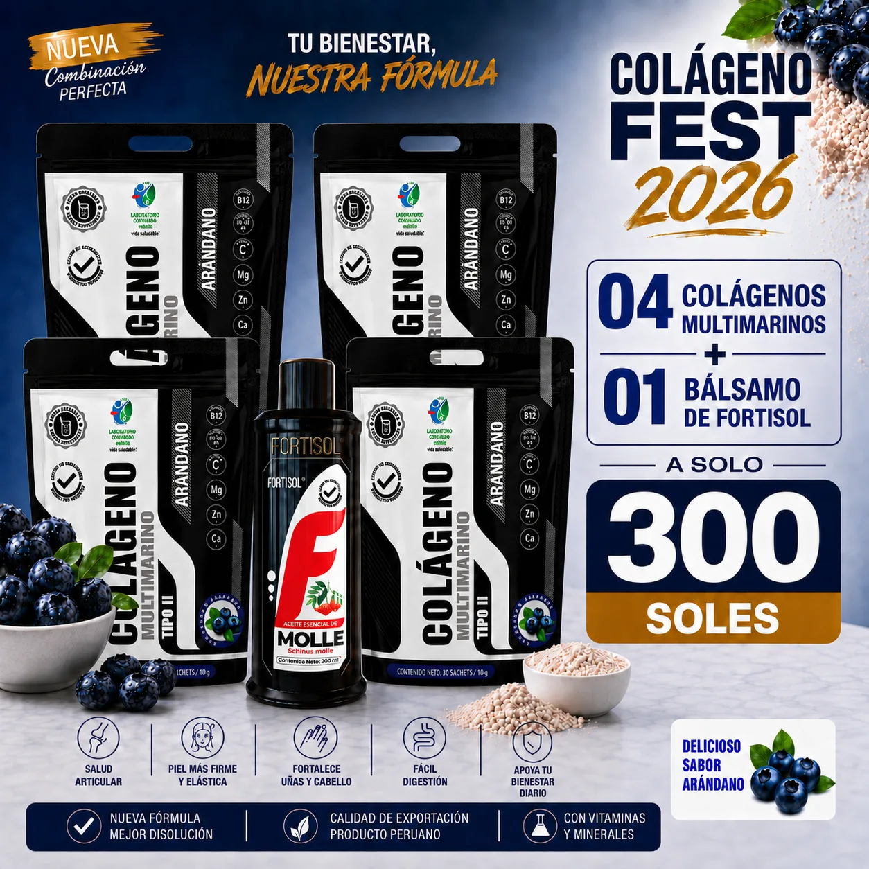 COLÁGENO FEST 2026 · 4 Colágenos Multimarinos + 1 Bálsamo de Fortisol